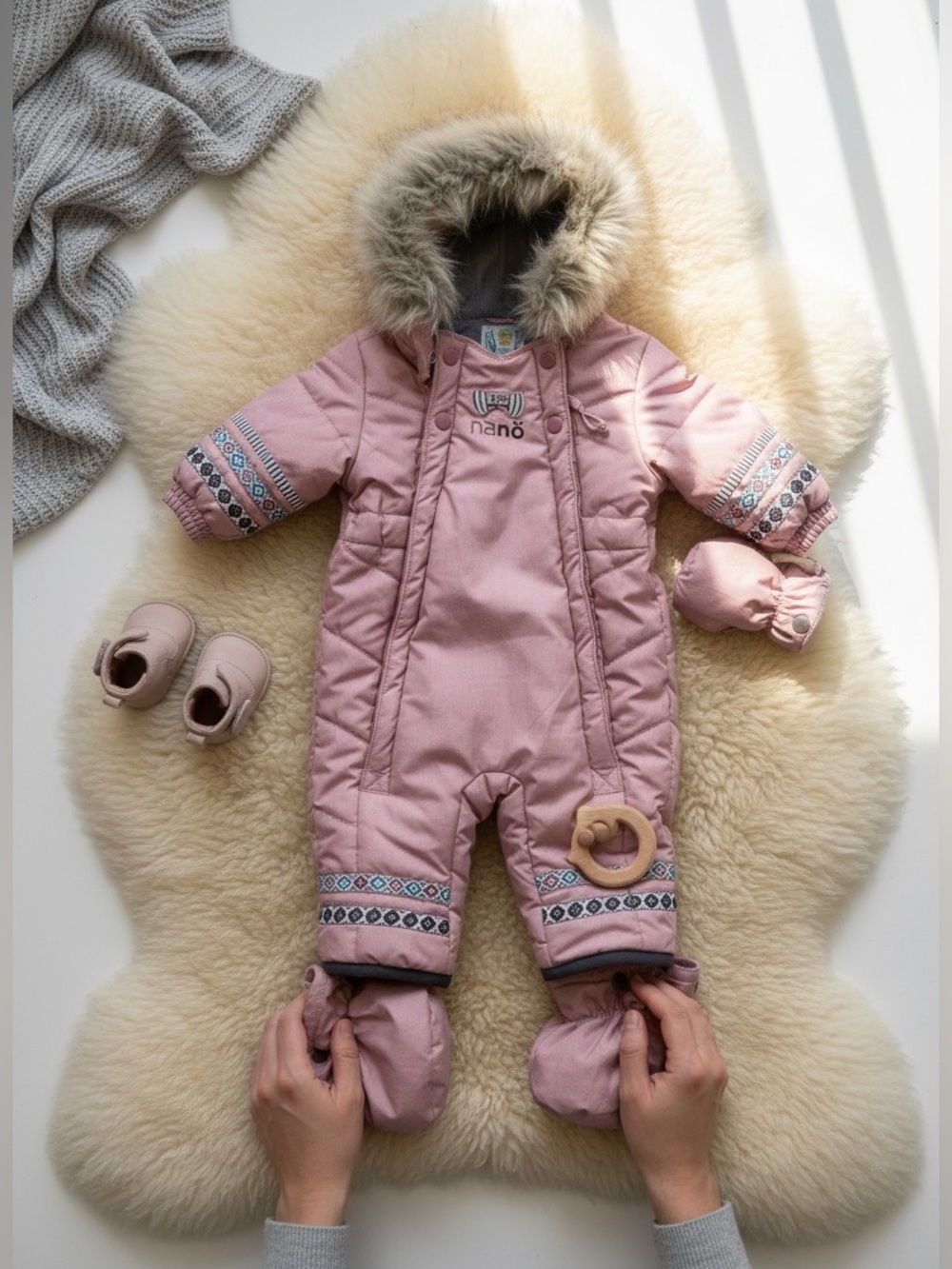 Nano Baby One-Piece Snowsuit Pink‎ Fleece Lined Faux Fur Hood 6M Mitts Booties